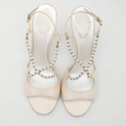 René Caovilla White Satin Embellished Slingback Sandals Size 40