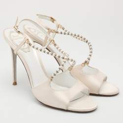 René Caovilla White Satin Embellished Slingback Sandals Size 40