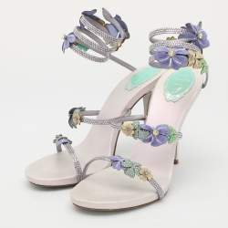 René Caovilla Multicolor Embellished Satin Ankle Cuff Sandals Size 40