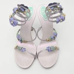 René Caovilla Multicolor Embellished Satin Ankle Cuff Sandals Size 40