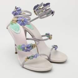 René Caovilla Multicolor Embellished Satin Ankle Cuff Sandals Size 40