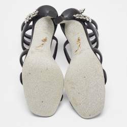Pre Owned René Caovilla Black Textured Leather Crystal Embellished Cleo Sandals Size 38