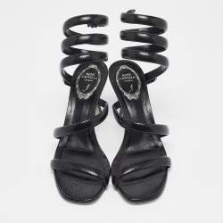 Pre Owned René Caovilla Black Textured Leather Crystal Embellished Cleo Sandals Size 38