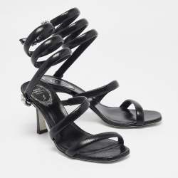 Pre Owned René Caovilla Black Textured Leather Crystal Embellished Cleo Sandals Size 38