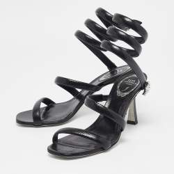 Pre Owned René Caovilla Black Textured Leather Crystal Embellished Cleo Sandals Size 38