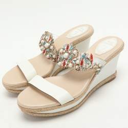 René Caovilla White Leather Embellished Slide Sandals Size 39