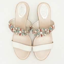 René Caovilla White Leather Embellished Slide Sandals Size 39