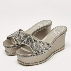 René Caovilla Grey Leather Crystal Embellished Wedge Sandals Size 38