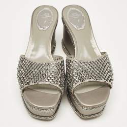 René Caovilla Grey Leather Crystal Embellished Wedge Sandals Size 38