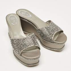 René Caovilla Grey Leather Crystal Embellished Wedge Sandals Size 38