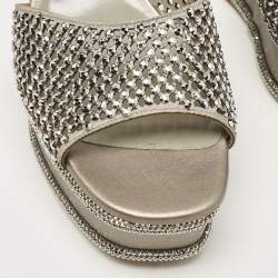 René Caovilla Grey Leather Crystal Embellished Wedge Sandals Size 38