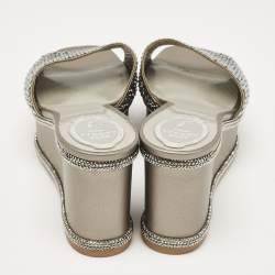 René Caovilla Grey Leather Crystal Embellished Wedge Sandals Size 38