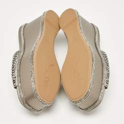 René Caovilla Grey Leather Crystal Embellished Wedge Sandals Size 38