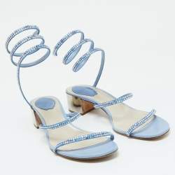 René Caovilla Blue Satin Crystal Embellished Cleo Sandals Size 38