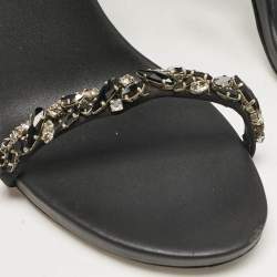 Pre Owned René Caovilla Black Satin Crystal Embellished Cleo Sandals Size 38.5