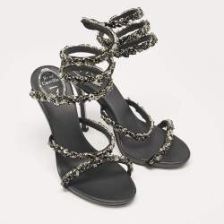 Pre Owned René Caovilla Black Satin Crystal Embellished Cleo Sandals Size 38.5