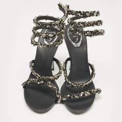 Pre Owned René Caovilla Black Satin Crystal Embellished Cleo Sandals Size 38.5