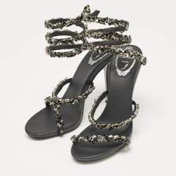 Pre Owned René Caovilla Black Satin Crystal Embellished Cleo Sandals Size 38.5