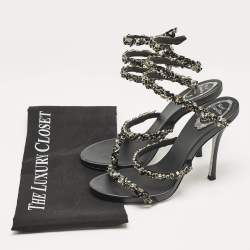 Pre Owned René Caovilla Black Satin Crystal Embellished Cleo Sandals Size 38.5
