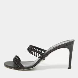 René Caovilla Black Satin Crystal Embellished Chandelier Slide Sandals Size 39