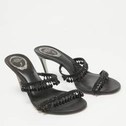 René Caovilla Black Satin Crystal Embellished Chandelier Slide Sandals Size 39