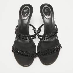 René Caovilla Black Satin Crystal Embellished Chandelier Slide Sandals Size 39