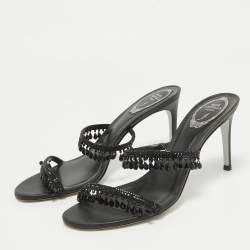 René Caovilla Black Satin Crystal Embellished Chandelier Slide Sandals Size 39