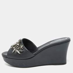 René Caovilla Black Leather Crystal Embellished Platform Wedge Sandals Size 36