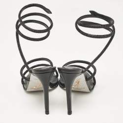 Rene Caovilla Black Satin and Leather Cleo Crystal Embellished Sandals Size 40