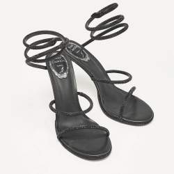 Rene Caovilla Black Satin and Leather Cleo Crystal Embellished Sandals Size 40