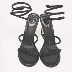 Rene Caovilla Black Satin and Leather Cleo Crystal Embellished Sandals Size 40