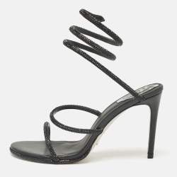 Rene Caovilla Black Satin and Leather Cleo Crystal Embellished Sandals Size 40