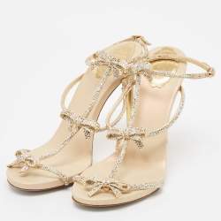Pre Owned René Caovilla Beige Leather and Crystal Caterina Sandals Size 40