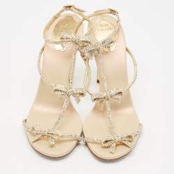Pre Owned René Caovilla Beige Leather and Crystal Caterina Sandals Size 40