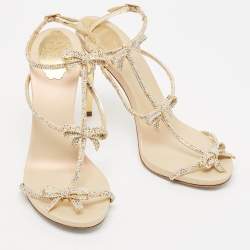 Pre Owned René Caovilla Beige Leather and Crystal Caterina Sandals Size 40