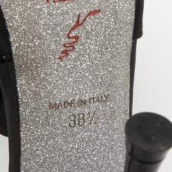 Pre Owned René Caovilla Black Satin Flower Ankle Strap Sandals Size 38.5