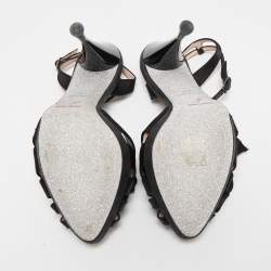 Pre Owned René Caovilla Black Satin Flower Ankle Strap Sandals Size 38.5