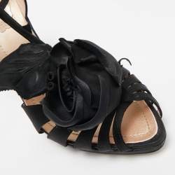 Pre Owned René Caovilla Black Satin Flower Ankle Strap Sandals Size 38.5