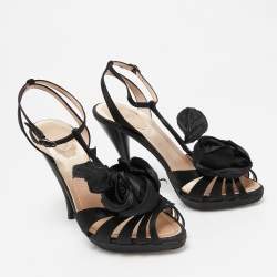 Pre Owned René Caovilla Black Satin Flower Ankle Strap Sandals Size 38.5