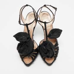 Pre Owned René Caovilla Black Satin Flower Ankle Strap Sandals Size 38.5