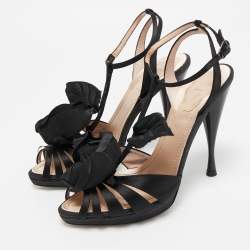 Pre Owned René Caovilla Black Satin Flower Ankle Strap Sandals Size 38.5