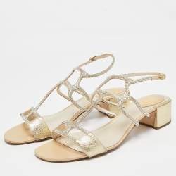 René Caovilla Gold Leather Crystal Embellished Slingback Sandals Size 40