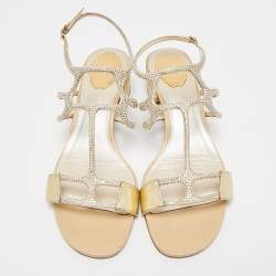 René Caovilla Gold Leather Crystal Embellished Slingback Sandals Size 40