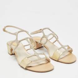 René Caovilla Gold Leather Crystal Embellished Slingback Sandals Size 40