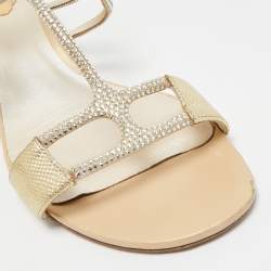 René Caovilla Gold Leather Crystal Embellished Slingback Sandals Size 40