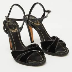 René Caovilla Black Velvet and Patent Leather Ankle Strap Sandals Size 37