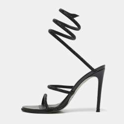 Pre Owned René Caovilla Black Leather Crystals Embellished Satin Cleo Sandals Size 37