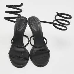 Pre Owned René Caovilla Black Leather Crystals Embellished Satin Cleo Sandals Size 37