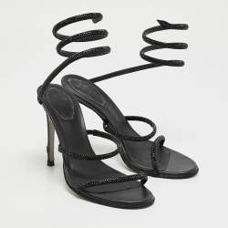 Pre Owned René Caovilla Black Leather Crystals Embellished Satin Cleo Sandals Size 37