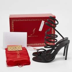 Pre Owned René Caovilla Black Leather Crystals Embellished Satin Cleo Sandals Size 37